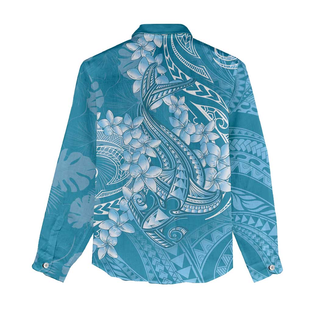 Blue Polynesia Hammerhead Shark Tattoo With Plumeria Lei Women Casual Shirt