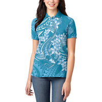 Blue Polynesia Hammerhead Shark Tattoo With Plumeria Lei Women Polo Shirt