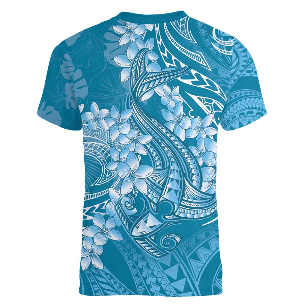 Blue Polynesia Hammerhead Shark Tattoo With Plumeria Lei Women V-Neck T-Shirt