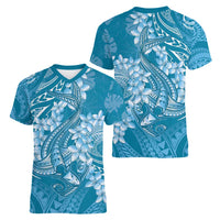 Blue Polynesia Hammerhead Shark Tattoo With Plumeria Lei Women V-Neck T-Shirt
