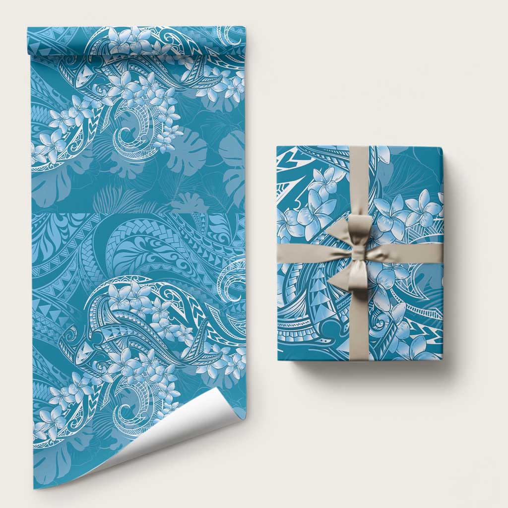 Blue Polynesia Hammerhead Shark Tattoo With Plumeria Lei Wrapping Paper LT14 58" × 23" Blue - Polynesian Pride