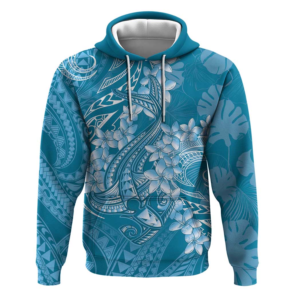 Blue Polynesia Hammerhead Shark Tattoo With Plumeria Lei Zip Hoodie