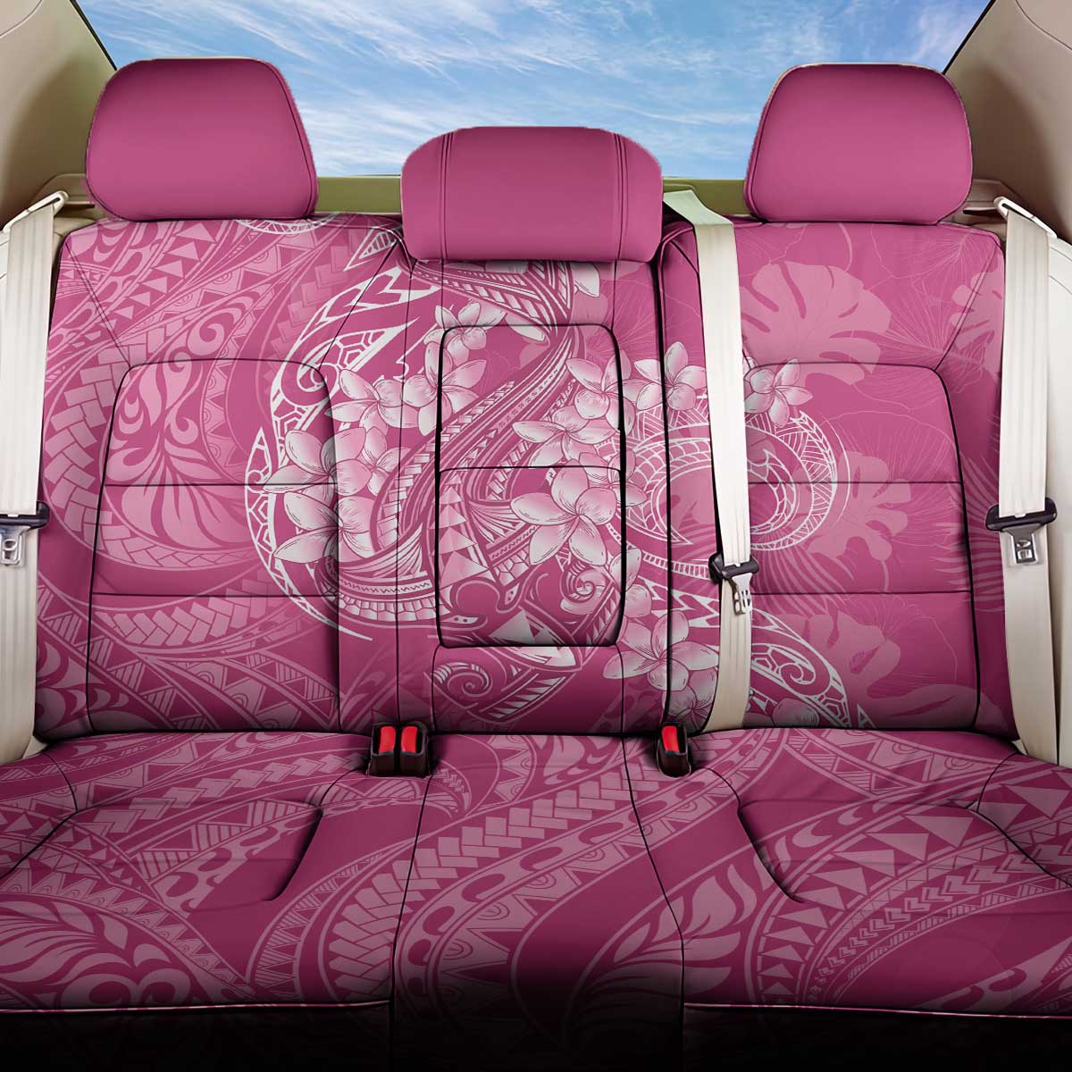 Pink Polynesia Hammerhead Shark Tattoo With Plumeria Lei Back Car Seat Cover