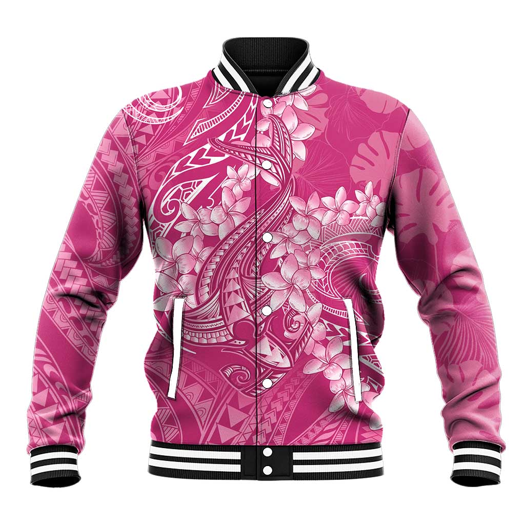 Pink Polynesia Hammerhead Shark Tattoo With Plumeria Lei Baseball Jacket LT14 Unisex Pink - Polynesian Pride