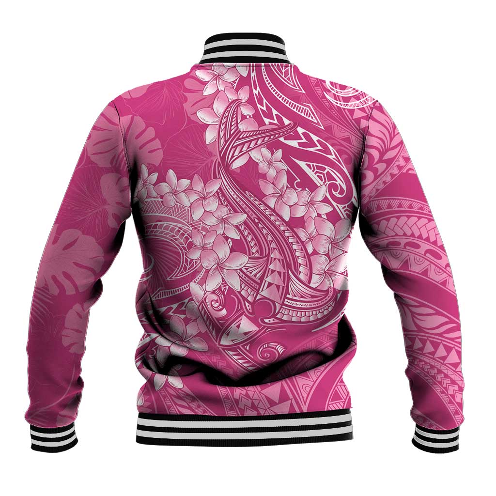 Pink Polynesia Hammerhead Shark Tattoo With Plumeria Lei Baseball Jacket LT14 - Polynesian Pride