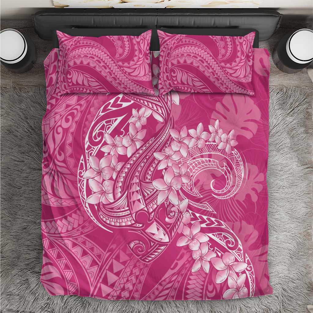 Pink Polynesia Hammerhead Shark Tattoo With Plumeria Lei Bedding Set