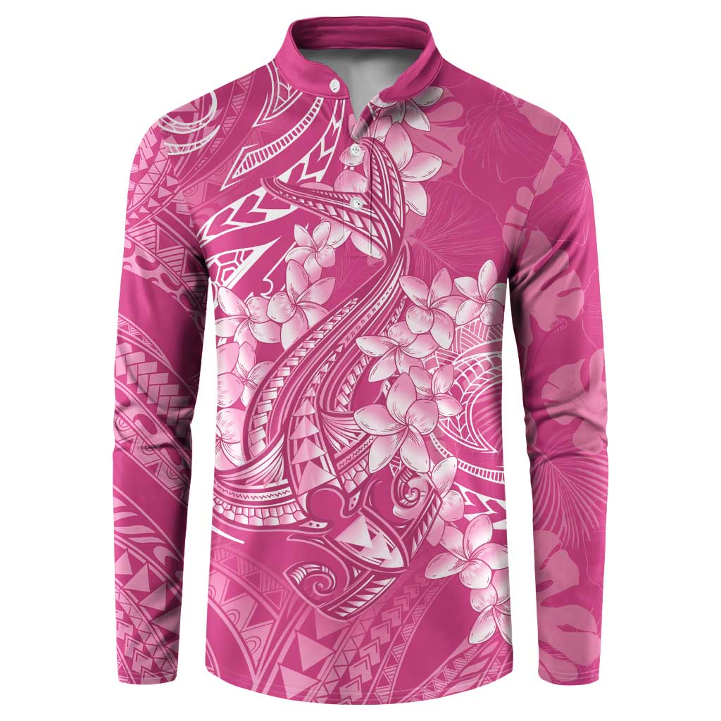 Pink Polynesia Hammerhead Shark Tattoo With Plumeria Lei Button Sweatshirt LT14 Pink - Polynesian Pride