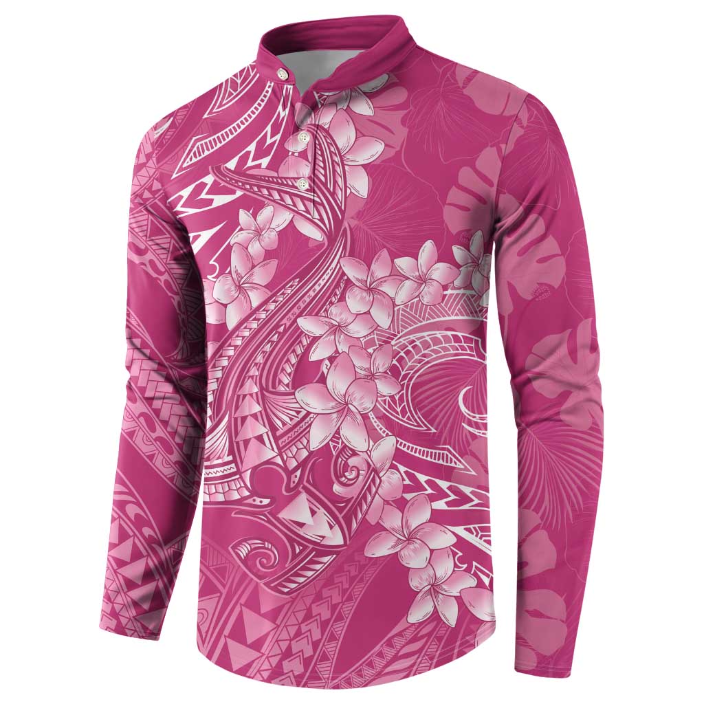 Pink Polynesia Hammerhead Shark Tattoo With Plumeria Lei Button Sweatshirt LT14 - Polynesian Pride