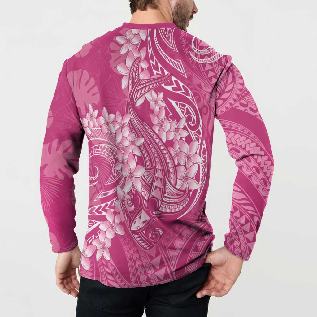 Pink Polynesia Hammerhead Shark Tattoo With Plumeria Lei Button Sweatshirt LT14 - Polynesian Pride