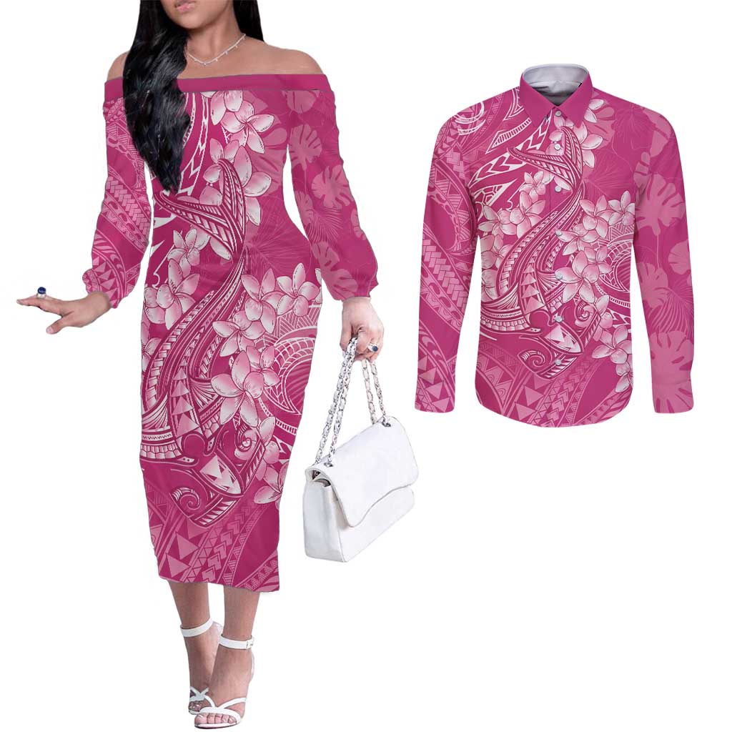 Pink Polynesia Hammerhead Shark Tattoo With Plumeria Lei Couples Matching Off The Shoulder Long Sleeve Dress and Long Sleeve Button Shirt