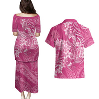 Pink Polynesia Hammerhead Shark Tattoo With Plumeria Lei Couples Matching Puletasi and Hawaiian Shirt LT14 - Polynesian Pride