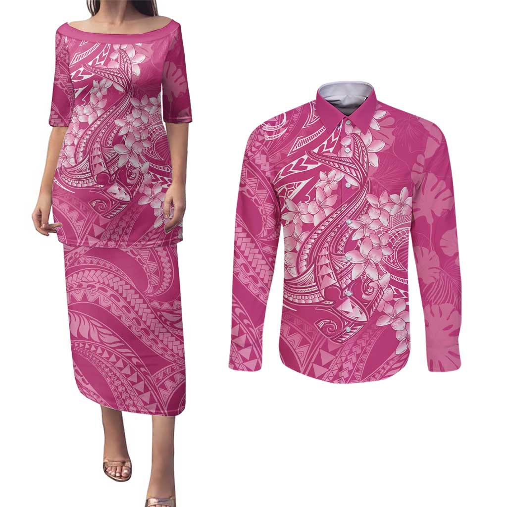 Pink Polynesia Hammerhead Shark Tattoo With Plumeria Lei Couples Matching Puletasi and Long Sleeve Button Shirt LT14 Pink - Polynesian Pride