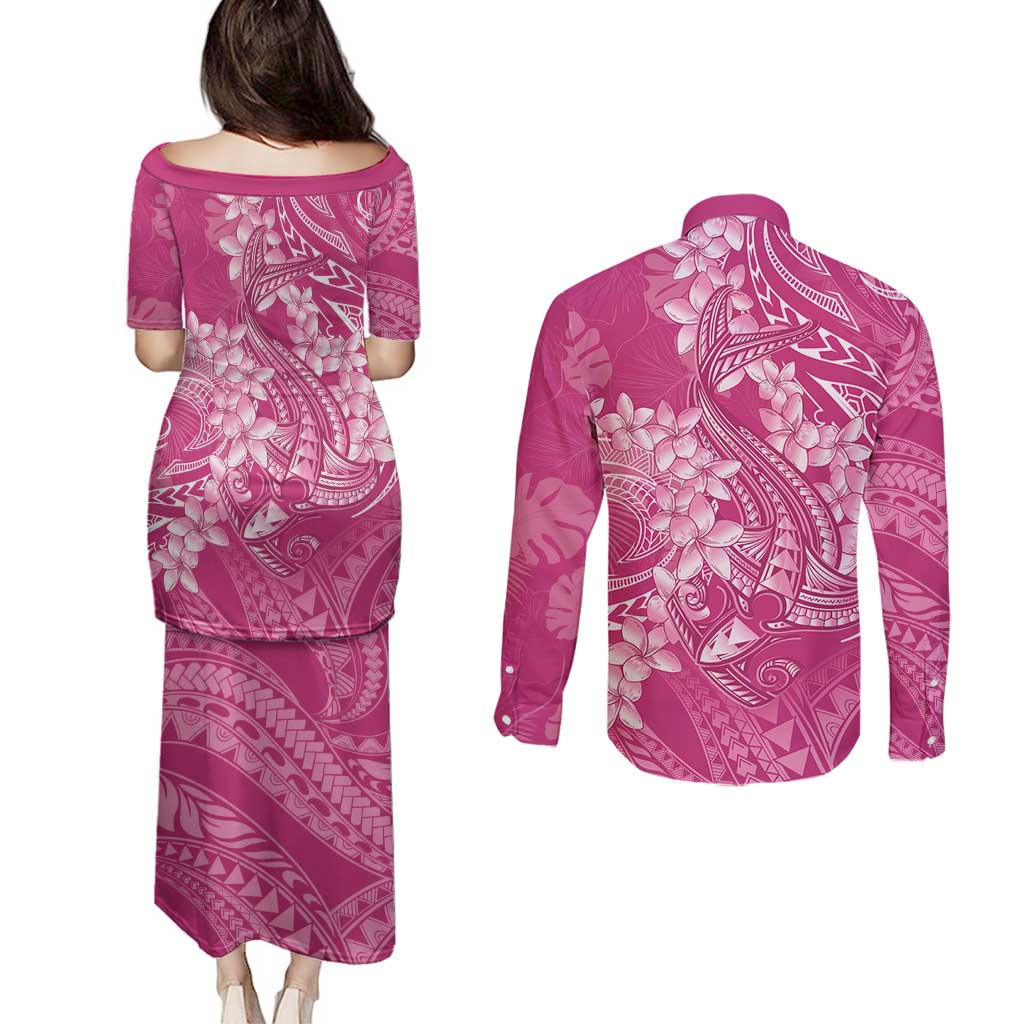 Pink Polynesia Hammerhead Shark Tattoo With Plumeria Lei Couples Matching Puletasi and Long Sleeve Button Shirt LT14 - Polynesian Pride