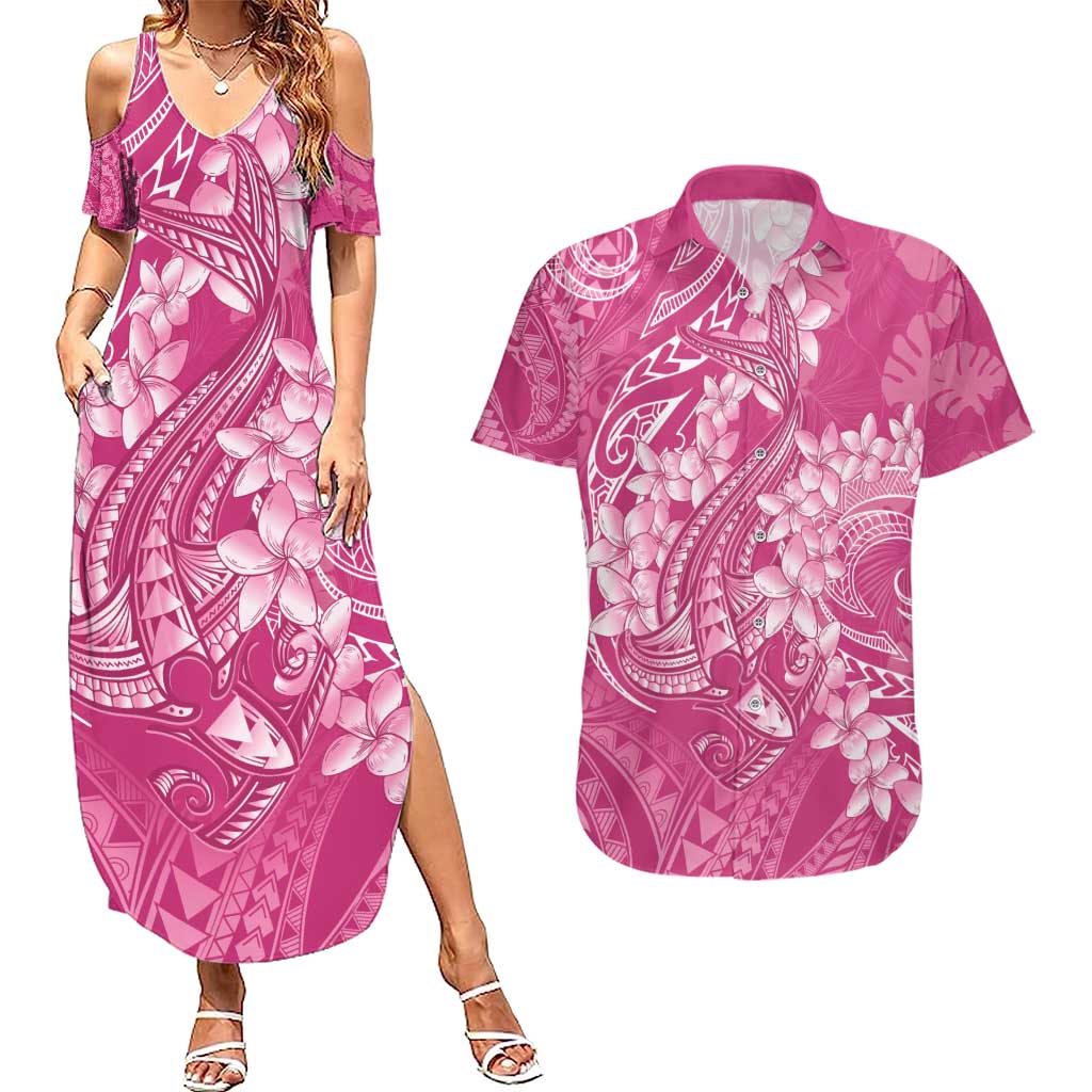 Pink Polynesia Hammerhead Shark Tattoo With Plumeria Lei Couples Matching Summer Maxi Dress and Hawaiian Shirt LT14 Pink - Polynesian Pride