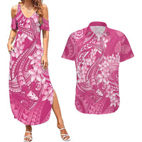 Pink Polynesia Hammerhead Shark Tattoo With Plumeria Lei Couples Matching Summer Maxi Dress and Hawaiian Shirt LT14 Pink - Polynesian Pride