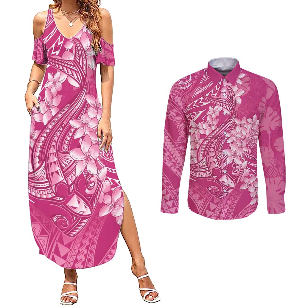 Pink Polynesia Hammerhead Shark Tattoo With Plumeria Lei Couples Matching Summer Maxi Dress and Long Sleeve Button Shirt LT14 Pink - Polynesian Pride