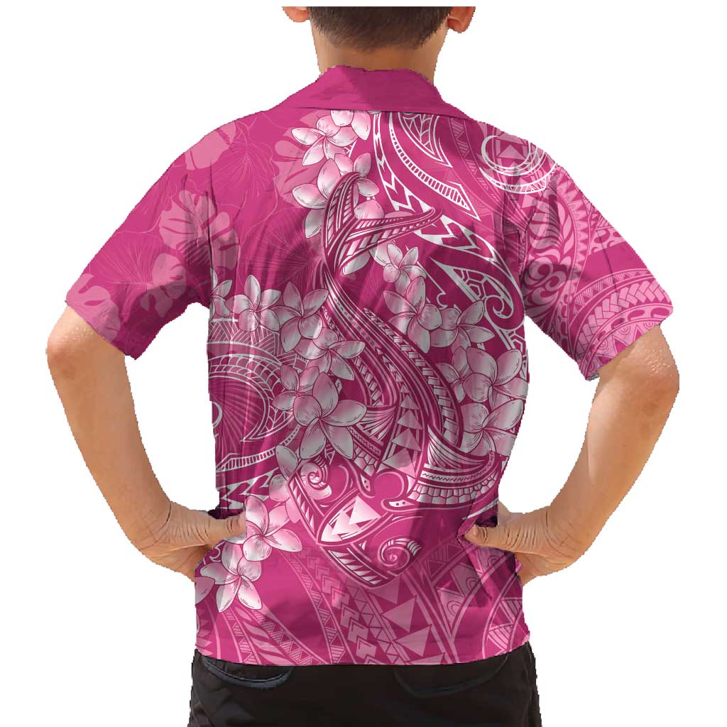 Pink Polynesia Hammerhead Shark Tattoo With Plumeria Lei Family Matching Mermaid Dress and Hawaiian Shirt