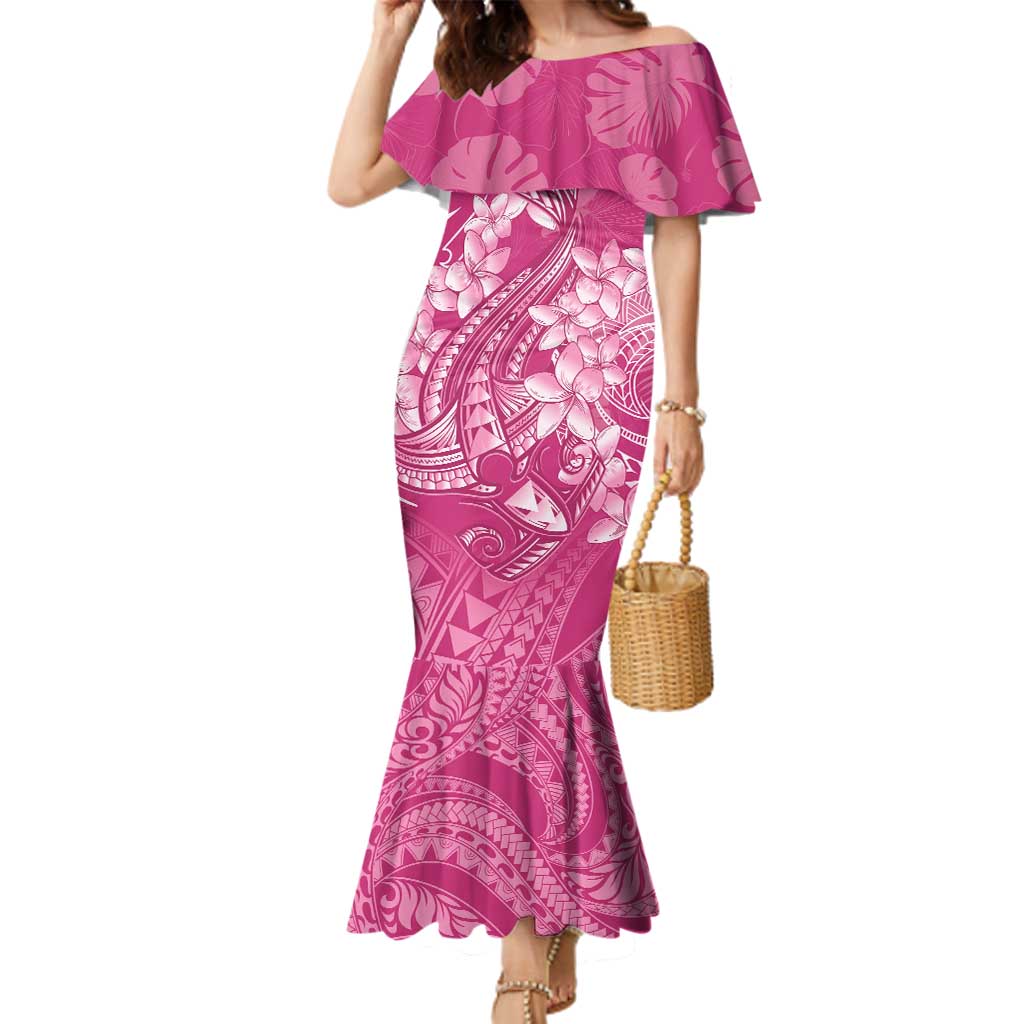 Pink Polynesia Hammerhead Shark Tattoo With Plumeria Lei Family Matching Mermaid Dress and Hawaiian Shirt