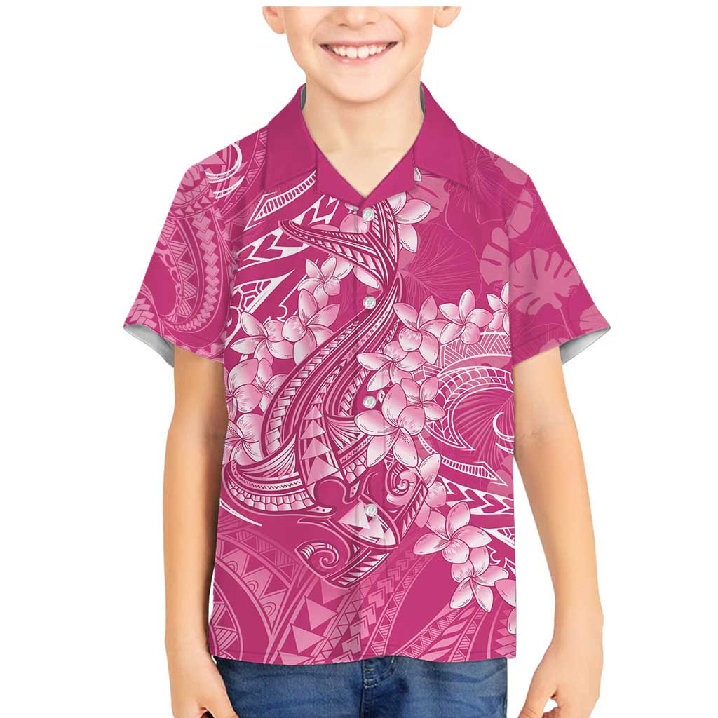 Pink Polynesia Hammerhead Shark Tattoo With Plumeria Lei Family Matching Mermaid Dress and Hawaiian Shirt