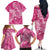Pink Polynesia Hammerhead Shark Tattoo With Plumeria Lei Family Matching Off The Shoulder Long Sleeve Dress and Hawaiian Shirt