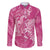 Pink Polynesia Hammerhead Shark Tattoo With Plumeria Lei Family Matching Off The Shoulder Long Sleeve Dress and Hawaiian Shirt