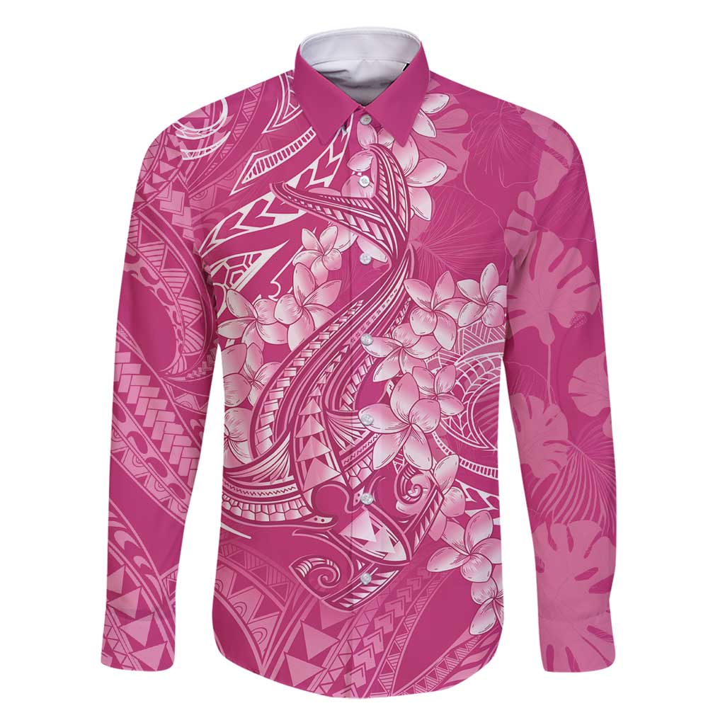Pink Polynesia Hammerhead Shark Tattoo With Plumeria Lei Family Matching Off Shoulder Maxi Dress and Hawaiian Shirt