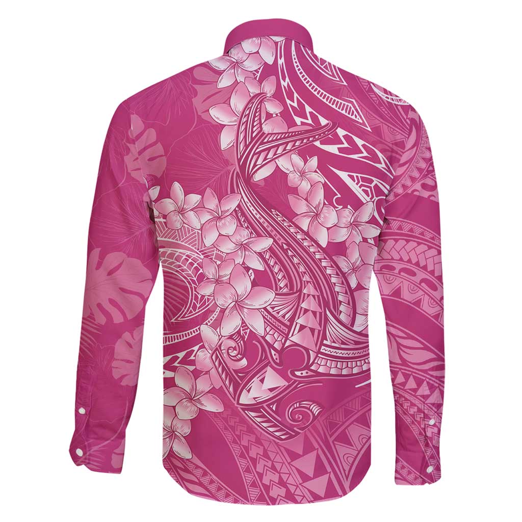 Pink Polynesia Hammerhead Shark Tattoo With Plumeria Lei Family Matching Off Shoulder Maxi Dress and Hawaiian Shirt