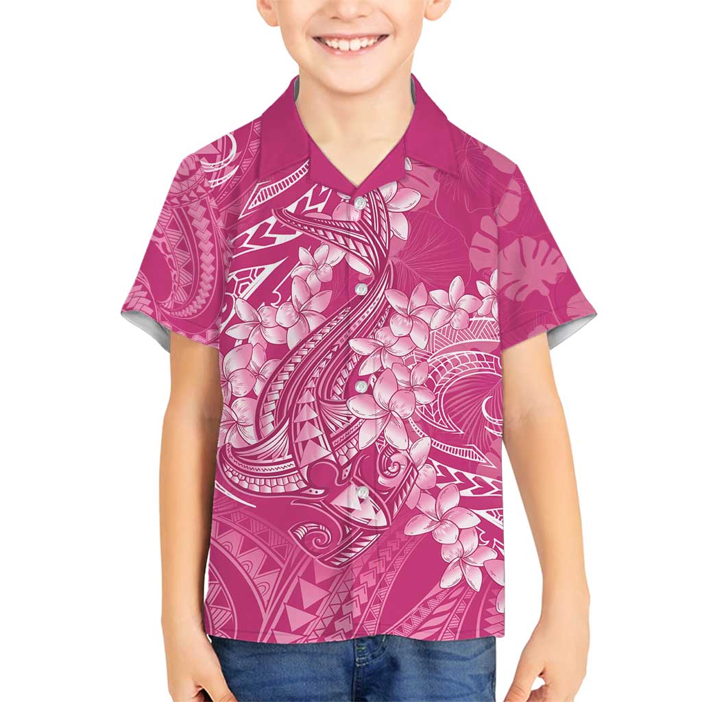Pink Polynesia Hammerhead Shark Tattoo With Plumeria Lei Family Matching Off Shoulder Maxi Dress and Hawaiian Shirt