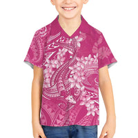 Pink Polynesia Hammerhead Shark Tattoo With Plumeria Lei Family Matching Off Shoulder Maxi Dress and Hawaiian Shirt