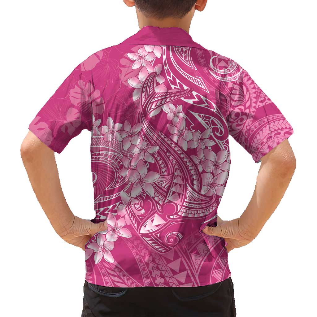 Pink Polynesia Hammerhead Shark Tattoo With Plumeria Lei Family Matching Summer Maxi Dress and Hawaiian Shirt