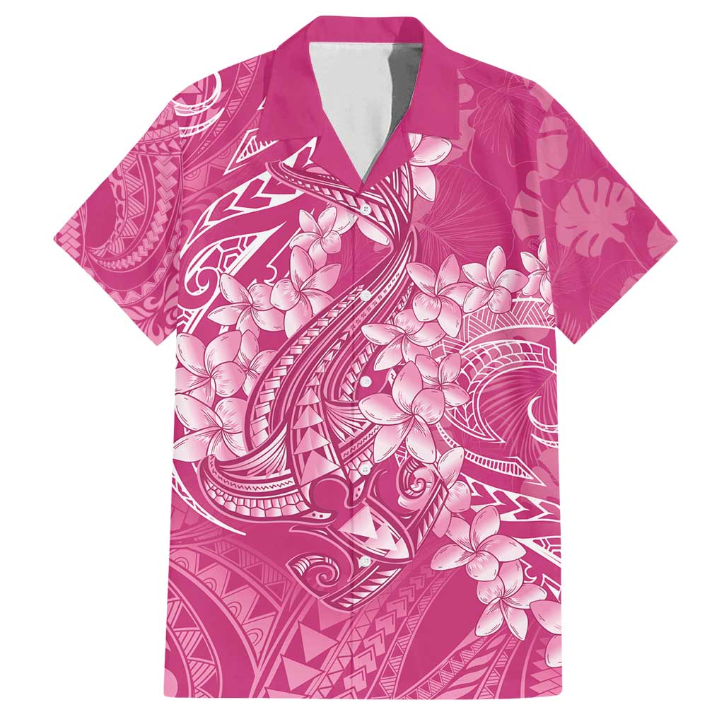Pink Polynesia Hammerhead Shark Tattoo With Plumeria Lei Family Matching Summer Maxi Dress and Hawaiian Shirt
