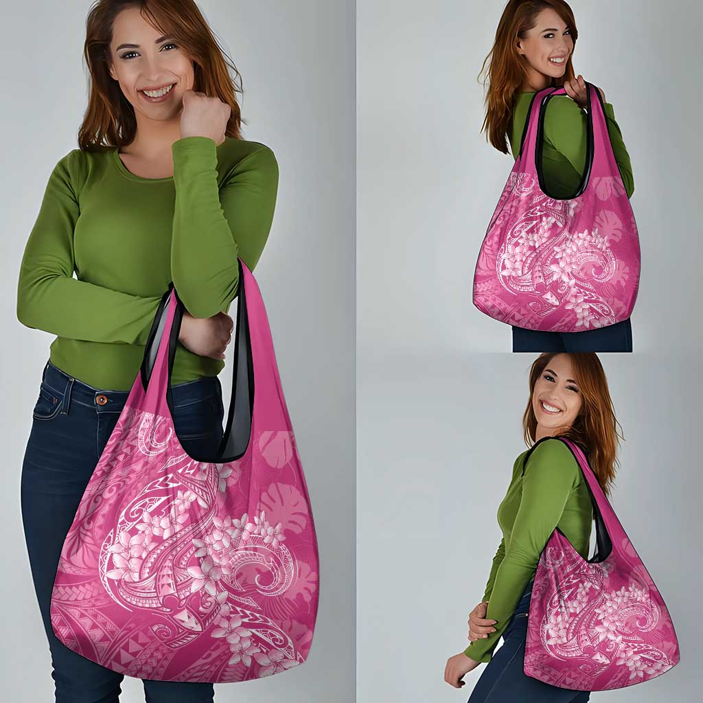 Pink Polynesia Hammerhead Shark Tattoo With Plumeria Lei Grocery Bag