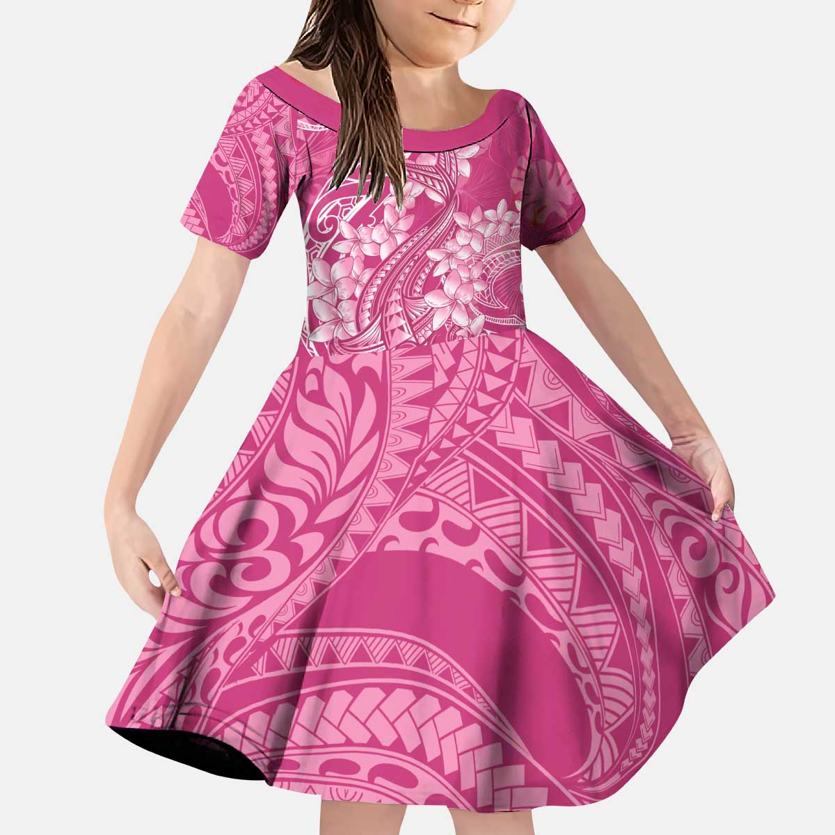 Pink Polynesia Hammerhead Shark Tattoo With Plumeria Lei Kid Short Sleeve Dress LT14 KID Pink - Polynesian Pride