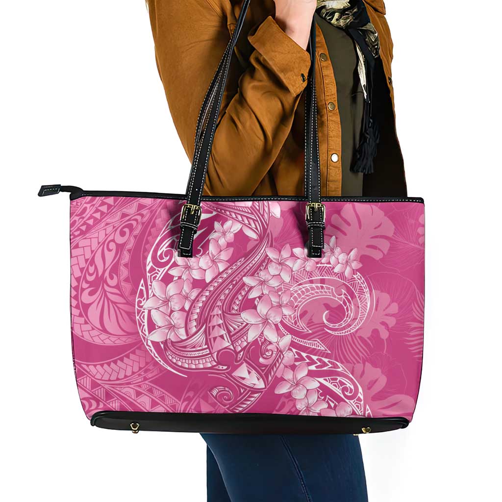 Pink Polynesia Hammerhead Shark Tattoo With Plumeria Lei Leather Tote Bag