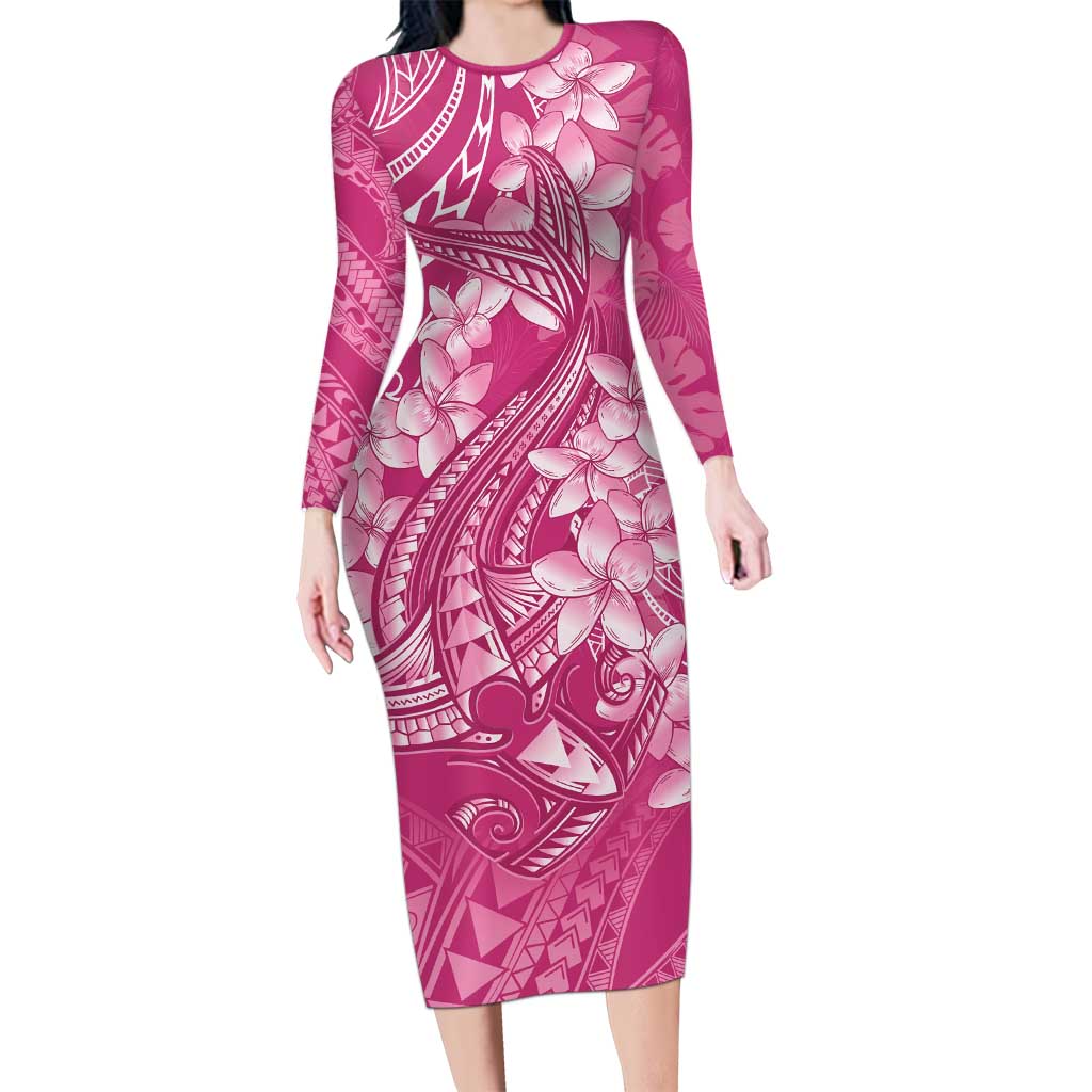 Pink Polynesia Hammerhead Shark Tattoo With Plumeria Lei Long Sleeve Bodycon Dress