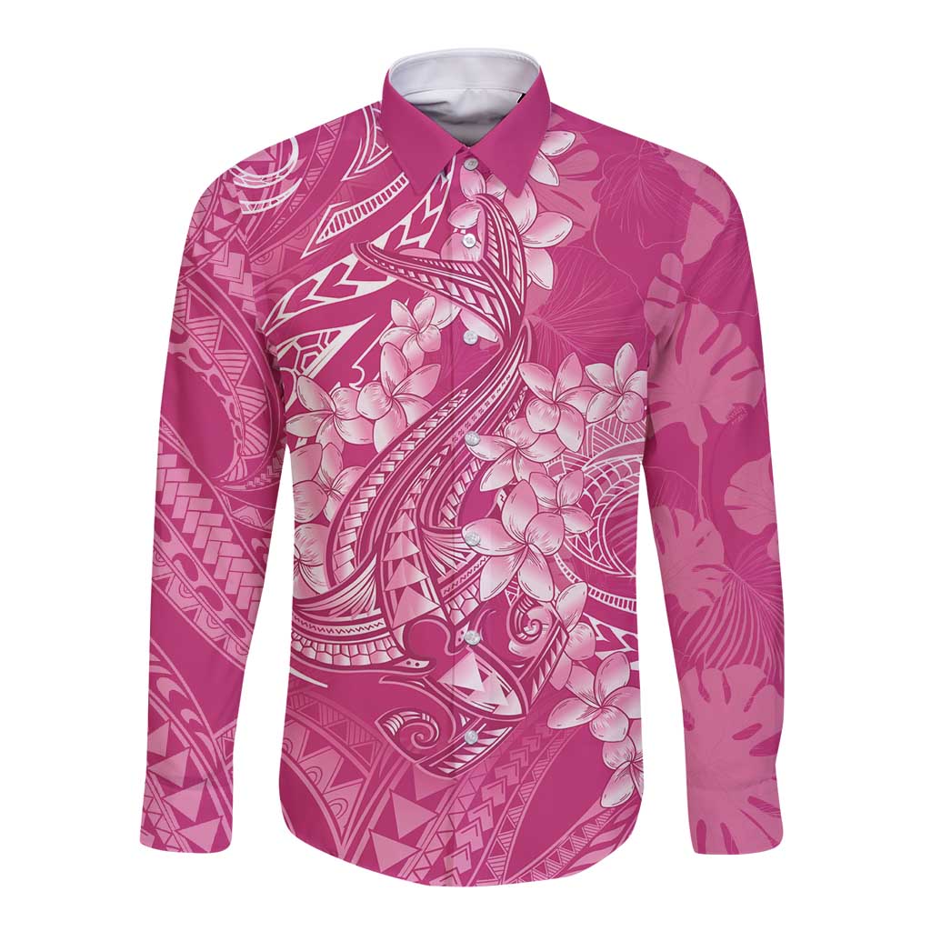 Pink Polynesia Hammerhead Shark Tattoo With Plumeria Lei Long Sleeve Button Shirt LT14 Unisex Pink - Polynesian Pride