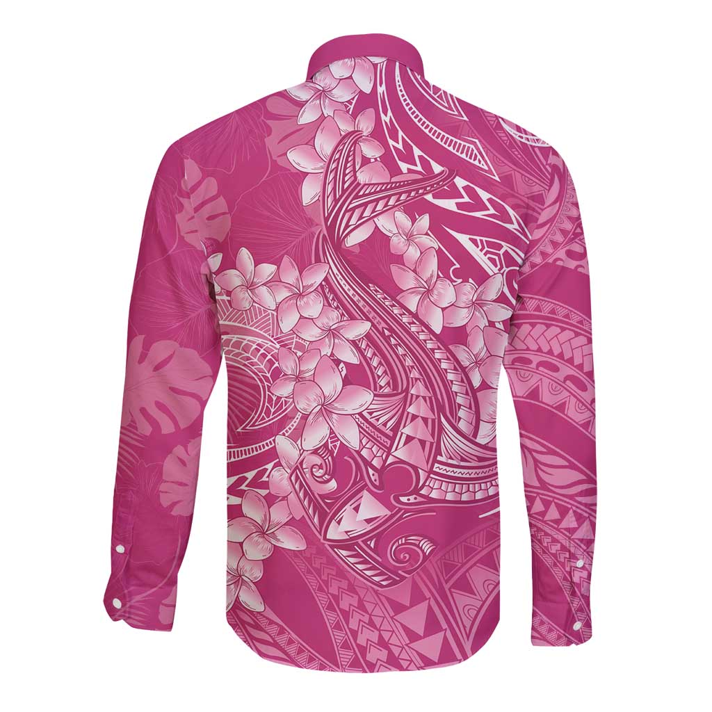 Pink Polynesia Hammerhead Shark Tattoo With Plumeria Lei Long Sleeve Button Shirt LT14 - Polynesian Pride