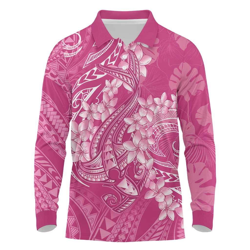 Pink Polynesia Hammerhead Shark Tattoo With Plumeria Lei Long Sleeve Polo Shirt