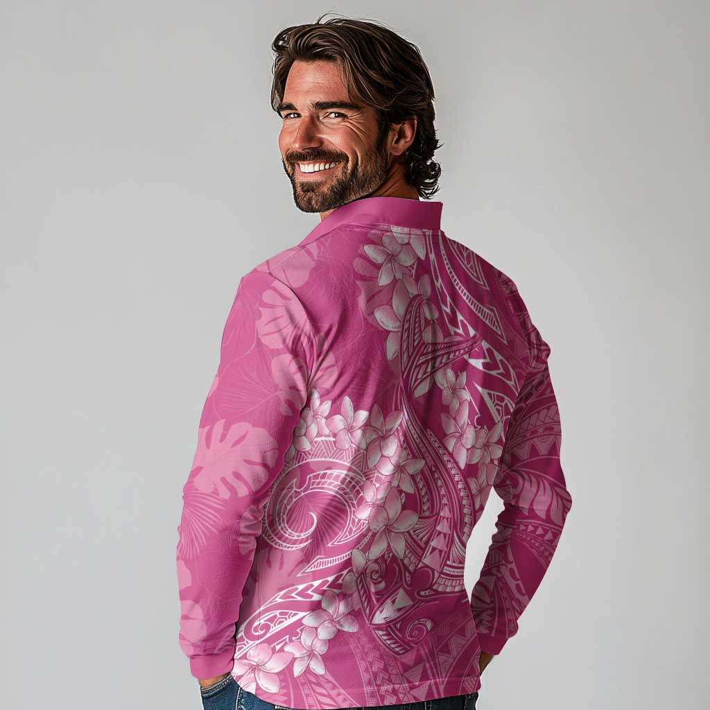 Pink Polynesia Hammerhead Shark Tattoo With Plumeria Lei Long Sleeve Polo Shirt