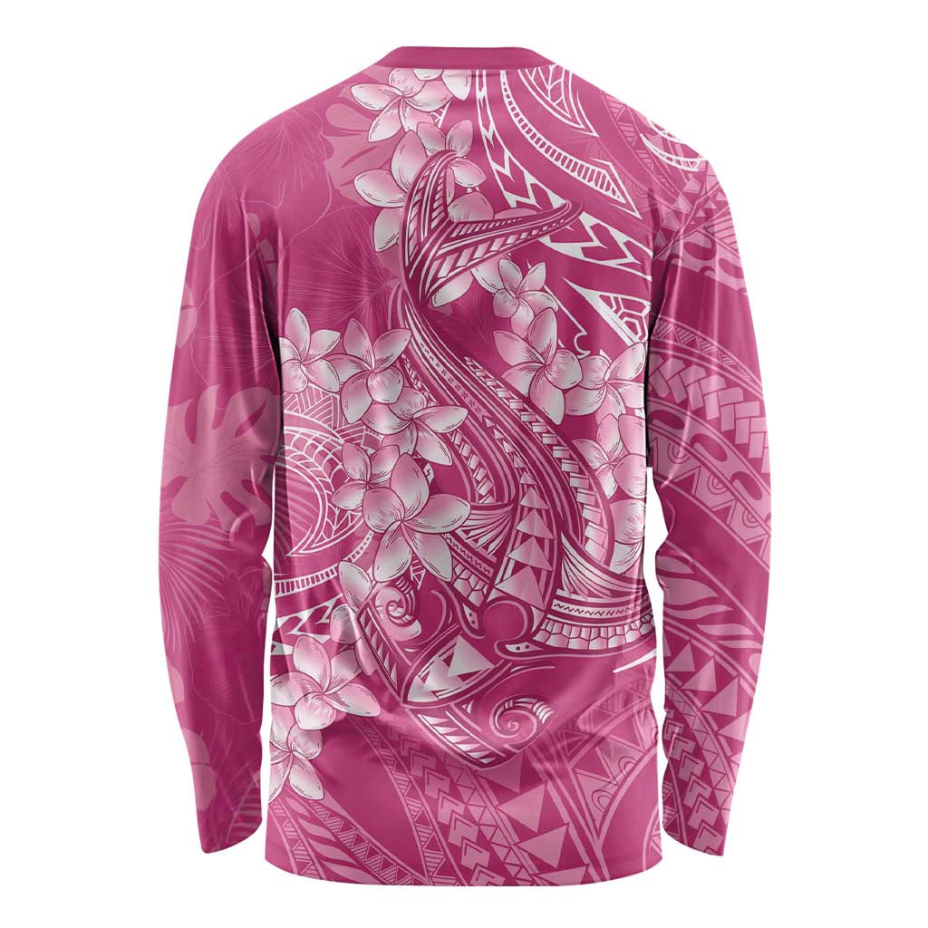 Pink Polynesia Hammerhead Shark Tattoo With Plumeria Lei Long Sleeve Shirt LT14 - Polynesian Pride