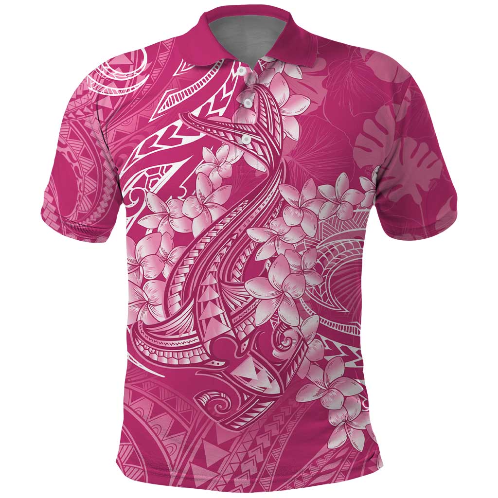 Pink Polynesia Hammerhead Shark Tattoo With Plumeria Lei Polo Shirt