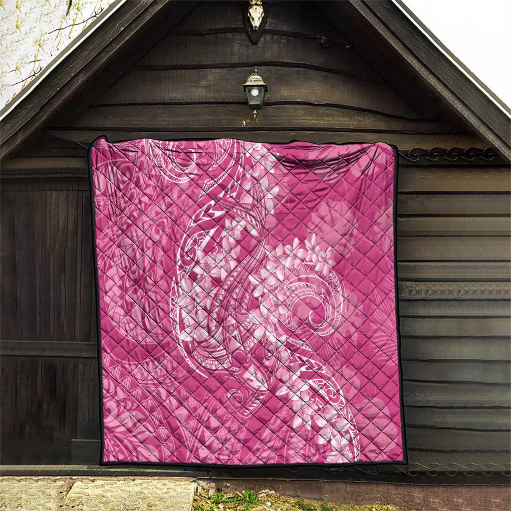 Pink Polynesia Hammerhead Shark Tattoo With Plumeria Lei Quilt