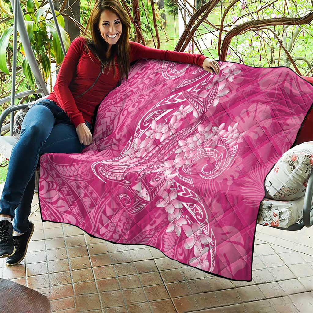 Pink Polynesia Hammerhead Shark Tattoo With Plumeria Lei Quilt