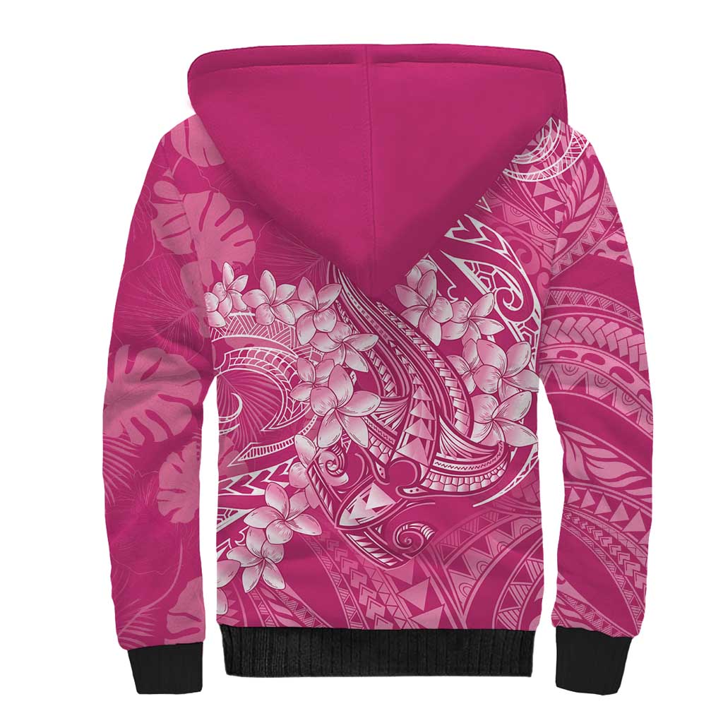 Pink Polynesia Hammerhead Shark Tattoo With Plumeria Lei Sherpa Hoodie LT14 - Polynesian Pride