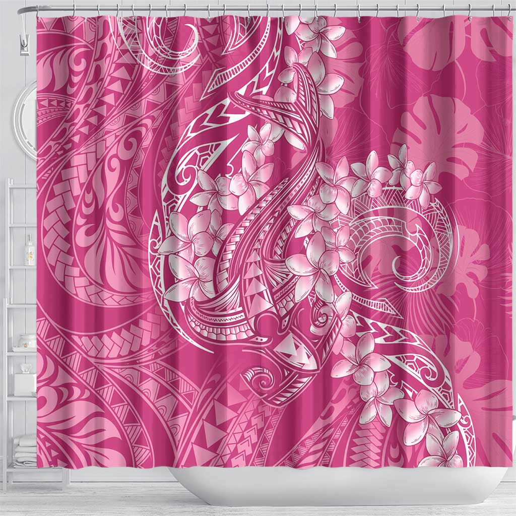 Pink Polynesia Hammerhead Shark Tattoo With Plumeria Lei Shower Curtain