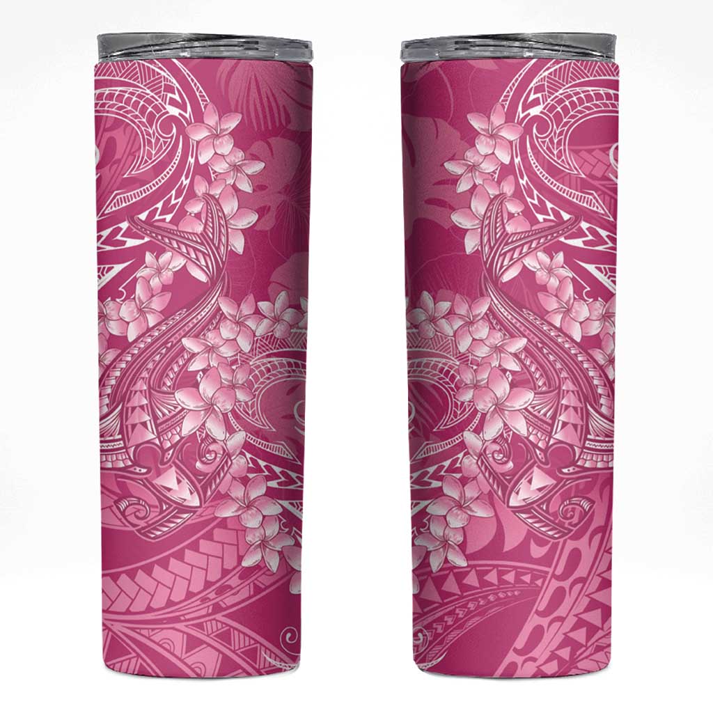 Pink Polynesia Hammerhead Shark Tattoo With Plumeria Lei Skinny Tumbler