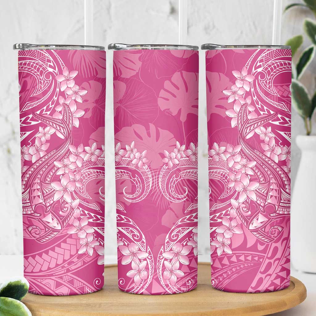 Pink Polynesia Hammerhead Shark Tattoo With Plumeria Lei Skinny Tumbler
