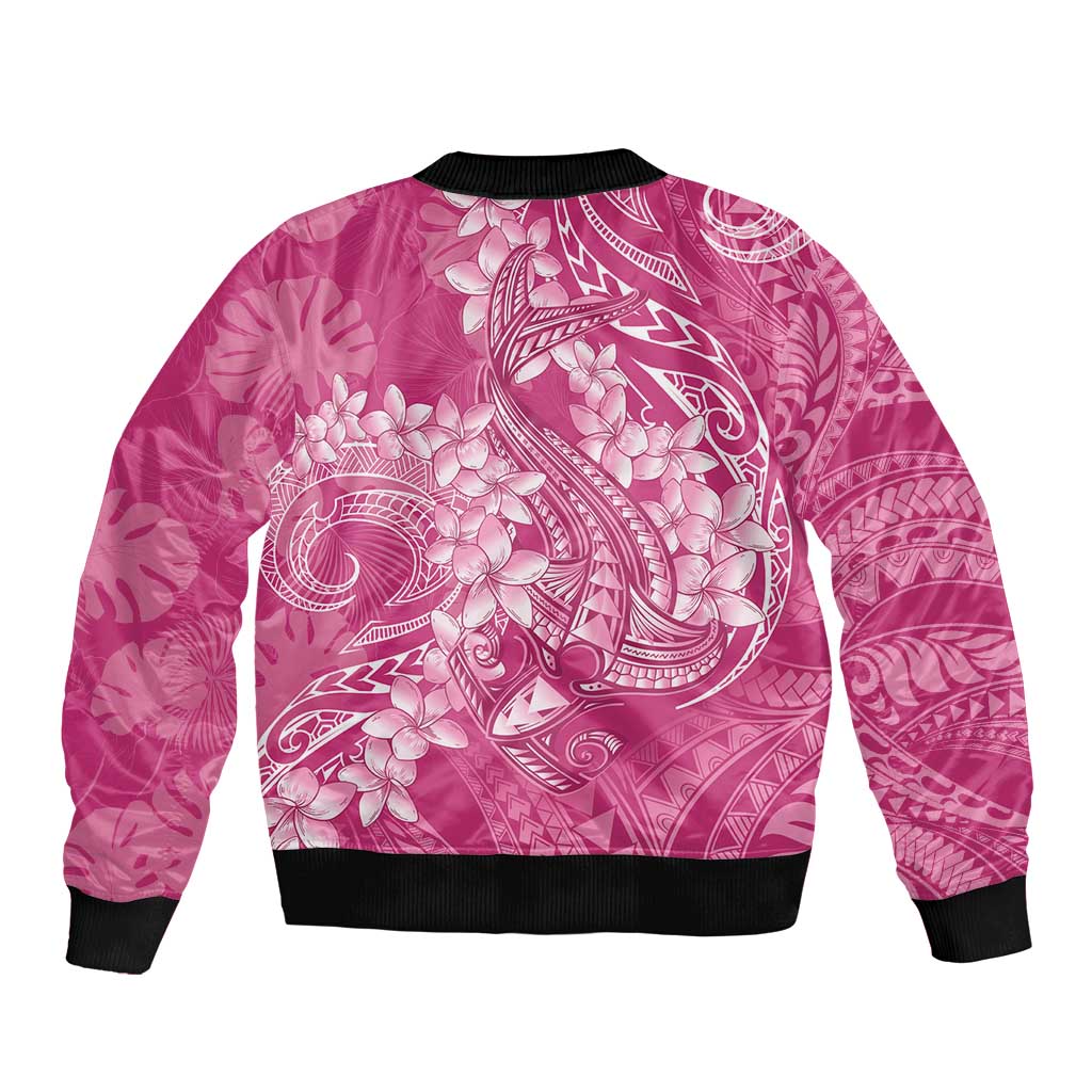 Pink Polynesia Hammerhead Shark Tattoo With Plumeria Lei Sleeve Zip Bomber Jacket