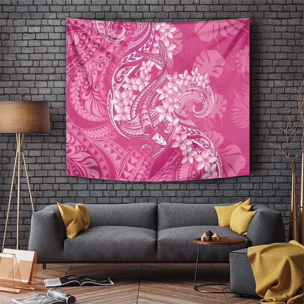 Pink Polynesia Hammerhead Shark Tattoo With Plumeria Lei Tapestry