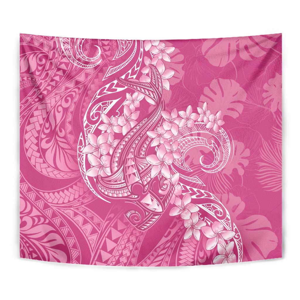 Pink Polynesia Hammerhead Shark Tattoo With Plumeria Lei Tapestry